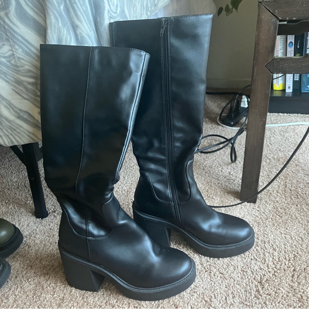 Black faux leather Knee-High chunky heel Boots